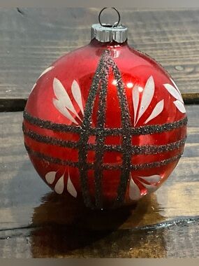 Vintage Large Red Shiny Brite Ornament Germany Black Mica Pattern MCM